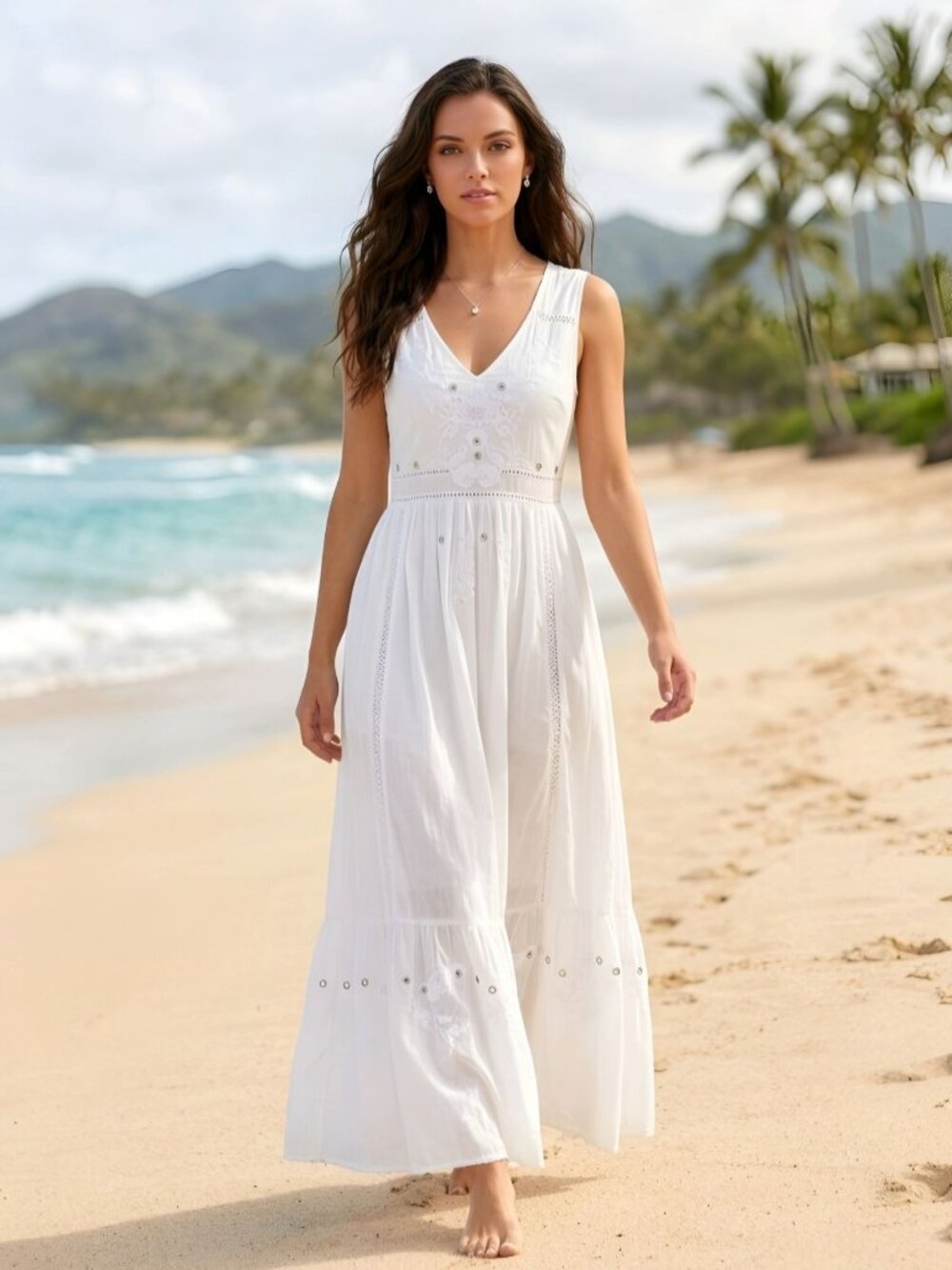 Flint & Moss ✦ Maxi Dress ✦ White Embroidered Boho Lace & Beaded Sleeveless M